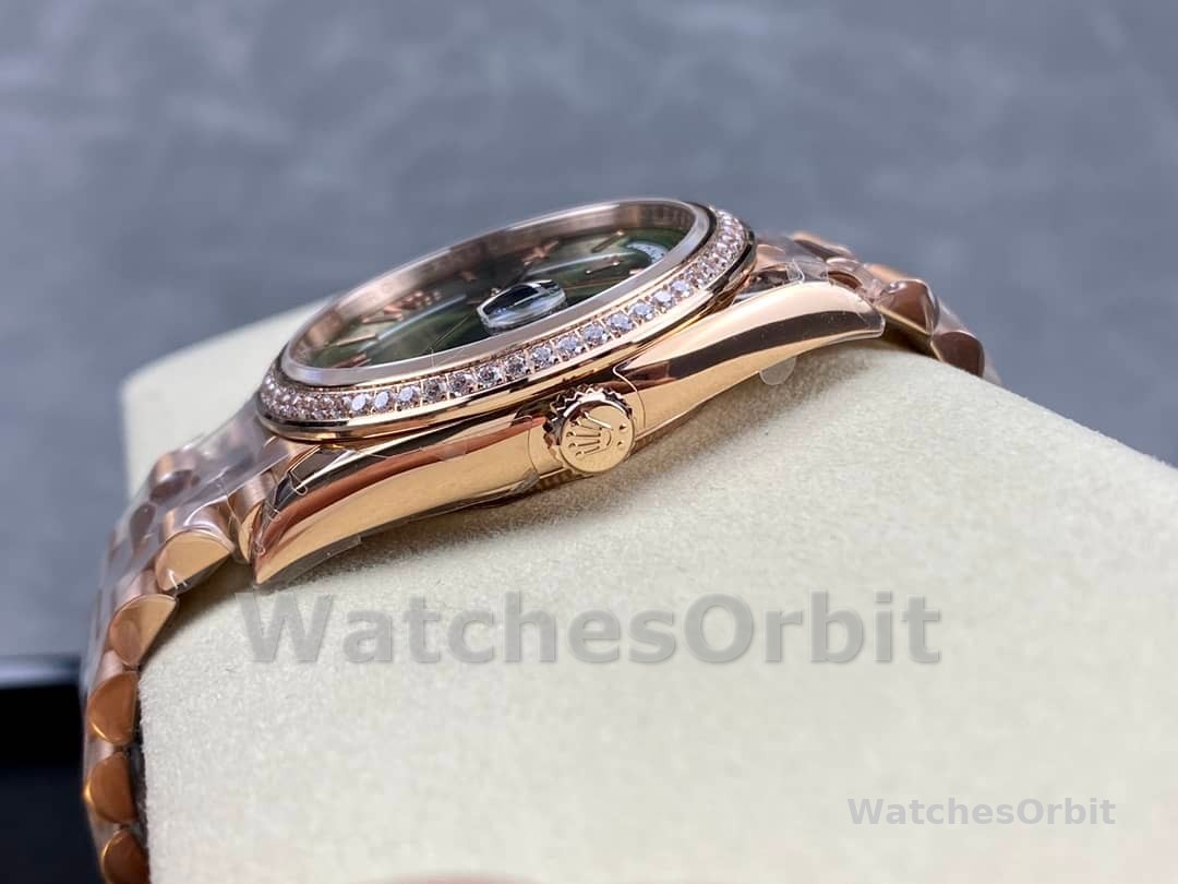 Rolex Day-Date 228345RBR 0011 Olive Green Roman Dial Diamond Bezel 40mm Mens Replica Watch