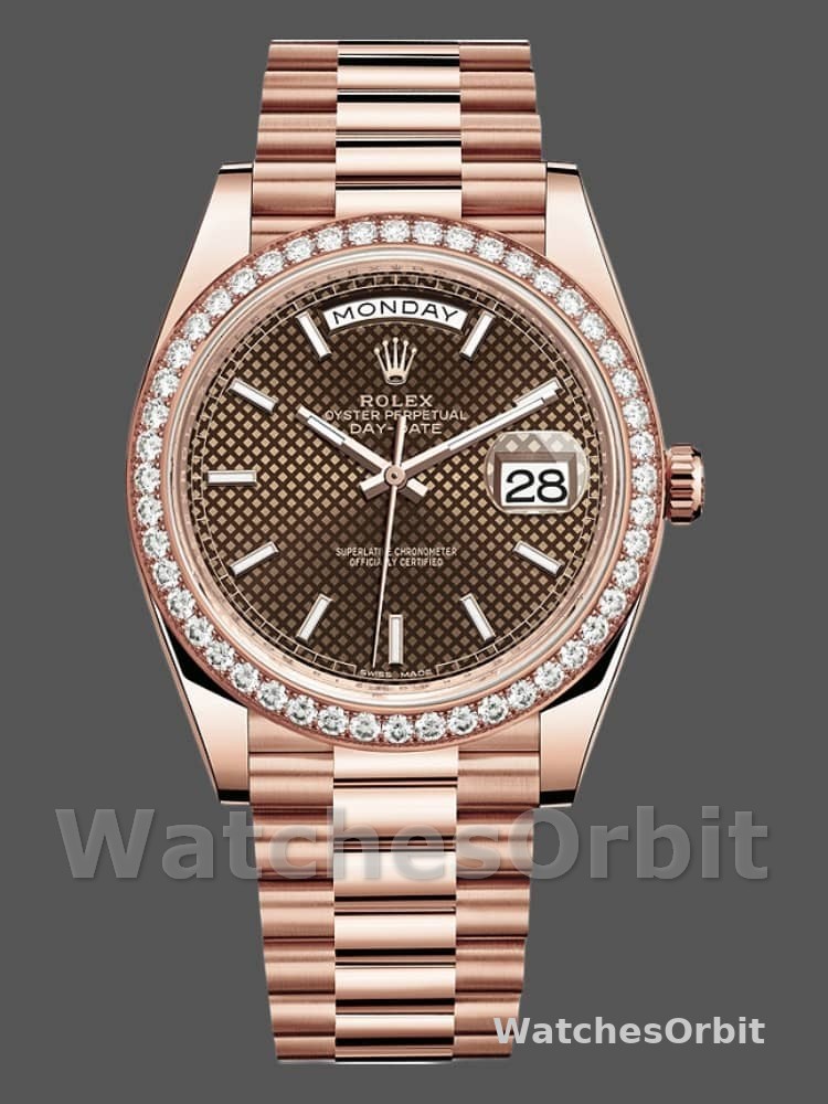 Rolex Day-Date 228345RBR Chocolate Brown Diagonal Motif Dial Diamond Bezel 40mm Mens Replica Watch