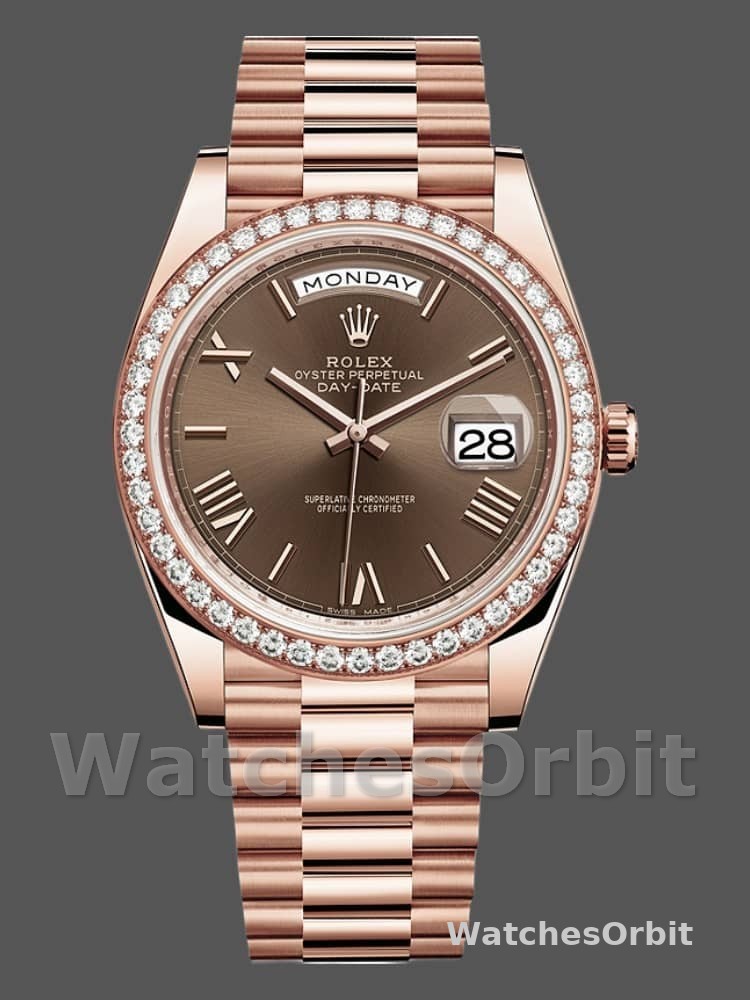 Rolex Day-Date 228345RBR Chocolate Brown Roman Dial Diamond Bezel 40mm Mens Replica Watch