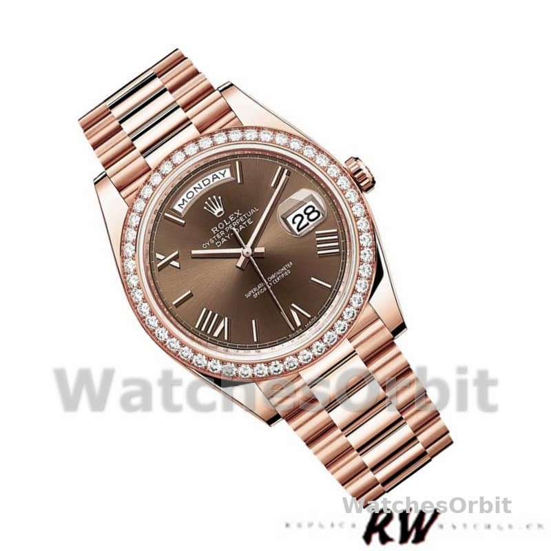 Rolex Day-Date 228345RBR Chocolate Brown Roman Dial Diamond Bezel 40mm Mens Replica Watch