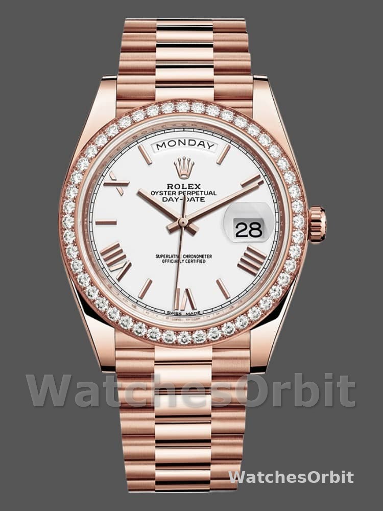 Rolex Day-Date 228345RBR White Roman Dial Diamond Bezel 40mm Mens Replica Watch