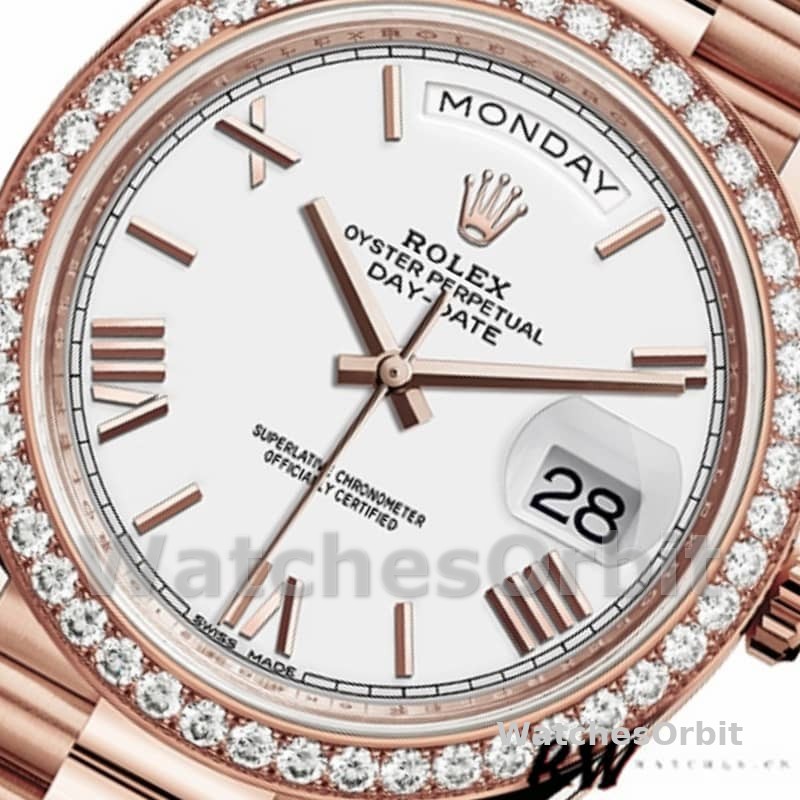 Rolex Day-Date 228345RBR White Roman Dial Diamond Bezel 40mm Mens Replica Watch
