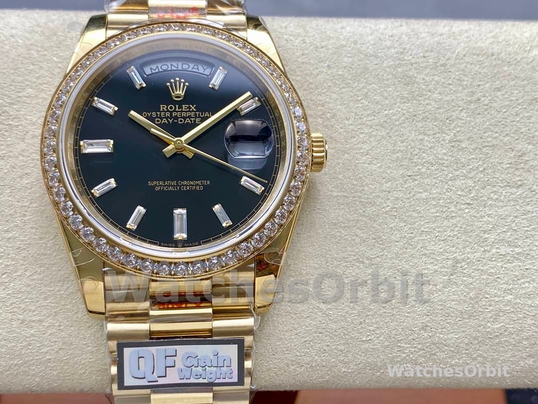 Rolex Day-Date 228348RBR 0043 Black Diamond Dial Diamond Bezel 40mm Mens Replica Watch