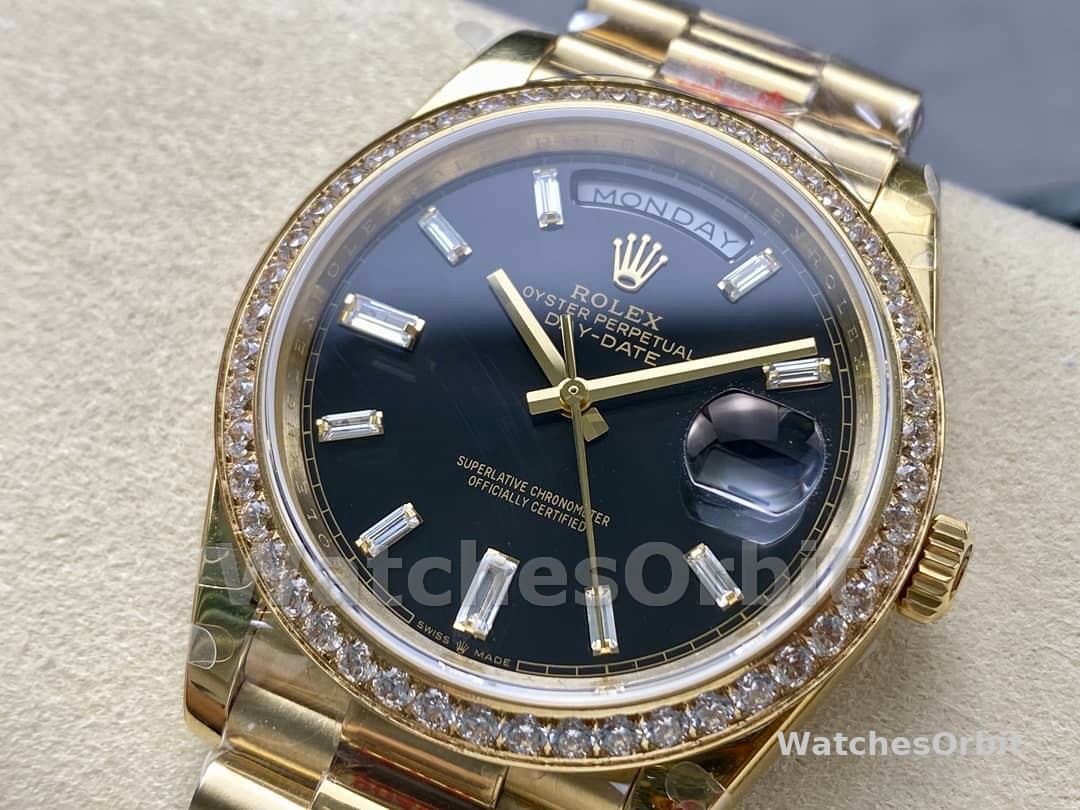 Rolex Day-Date 228348RBR 0043 Black Diamond Dial Diamond Bezel 40mm Mens Replica Watch