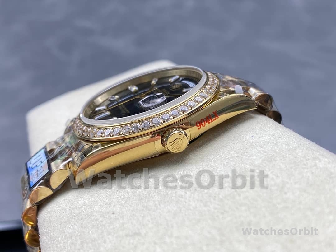 Rolex Day-Date 228348RBR 0043 Black Diamond Dial Diamond Bezel 40mm Mens Replica Watch