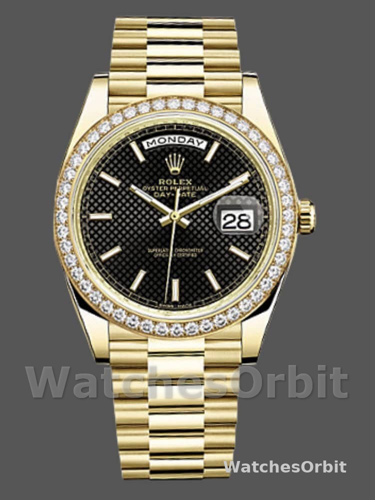 Rolex Day-Date 228348RBR Black Diagonal Motif Dial Diamond Bezel 40mm Mens Replica Watch