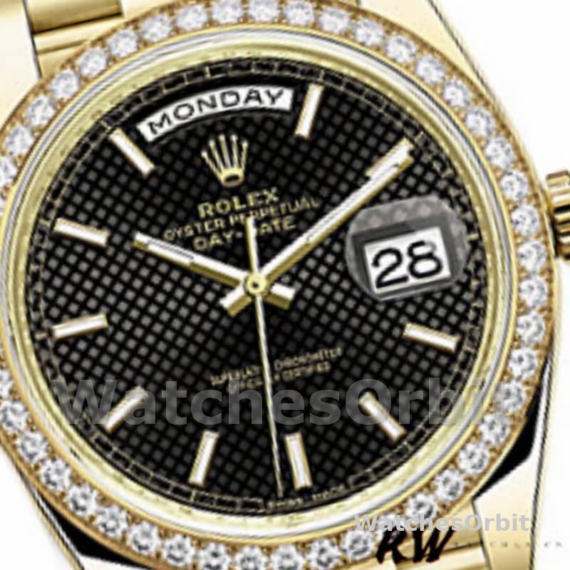 Rolex Day-Date 228348RBR Black Diagonal Motif Dial Diamond Bezel 40mm Mens Replica Watch