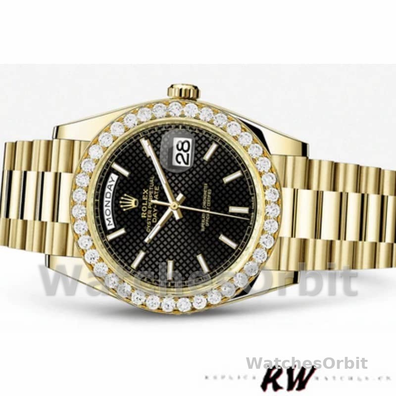 Rolex Day-Date 228348RBR Black Diagonal Motif Dial Diamond Bezel 40mm Mens Replica Watch