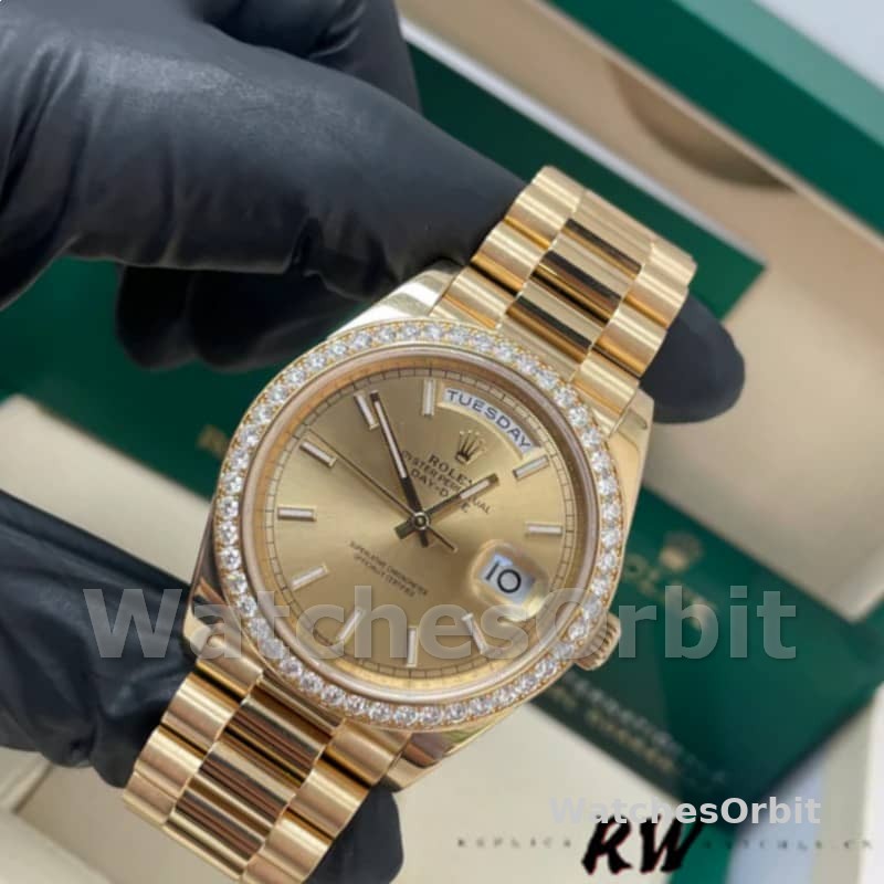 Rolex Day-Date 228348RBR Champagne Index Dial Diamond Bezel 40mm Mens Replica Watch