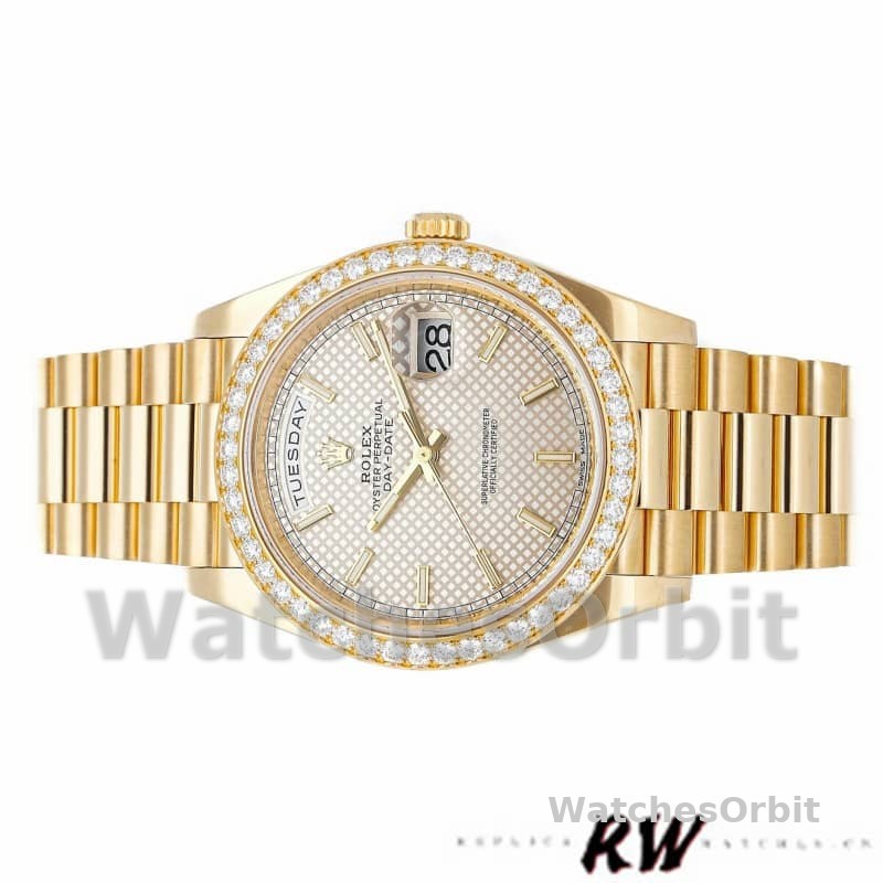 Rolex Day-Date 228348RBR Silver Diagonal Motif Dial Diamond Bezel 40mm Mens Replica Watch
