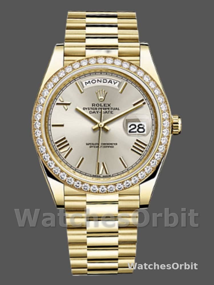 Rolex Day-Date 228348RBR Silver Roman Dial Diamond Bezel 40mm Mens Replica Watch