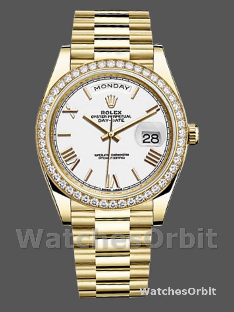Rolex Day-Date 228348RBR White Roman Dial Diamond Bezel 40mm Mens Replica Watch
