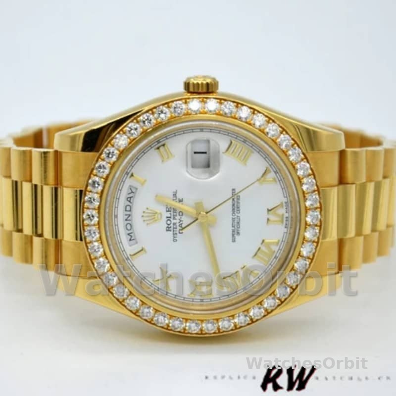 Rolex Day-Date 228348RBR White Roman Dial Diamond Bezel 40mm Mens Replica Watch