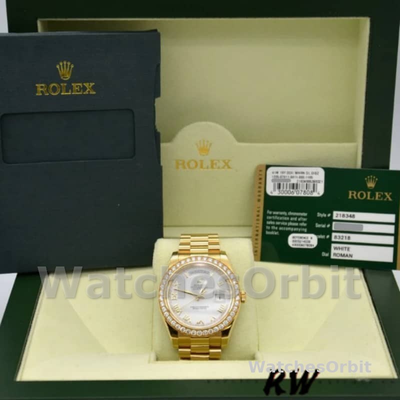 Rolex Day-Date 228348RBR White Roman Dial Diamond Bezel 40mm Mens Replica Watch