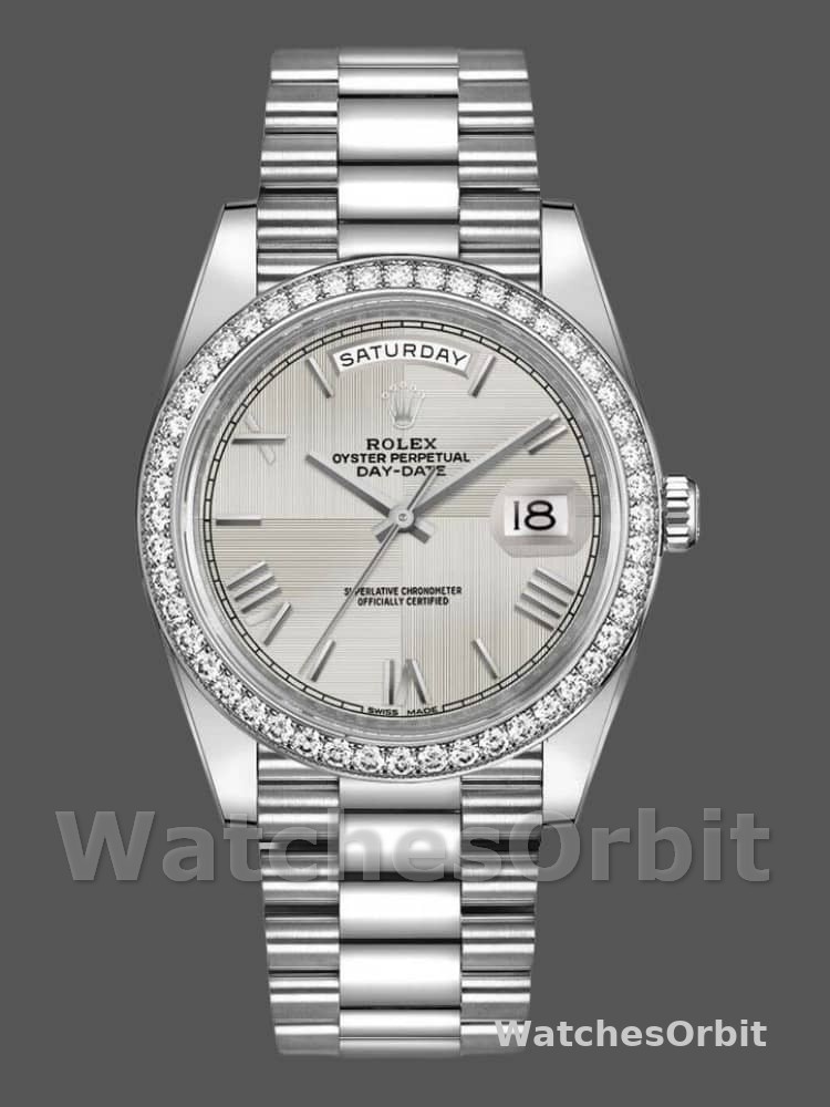 Rolex Day-Date 228349RBR Silver Roman Dial Diamond Bezel 40mm Mens Replica Watch