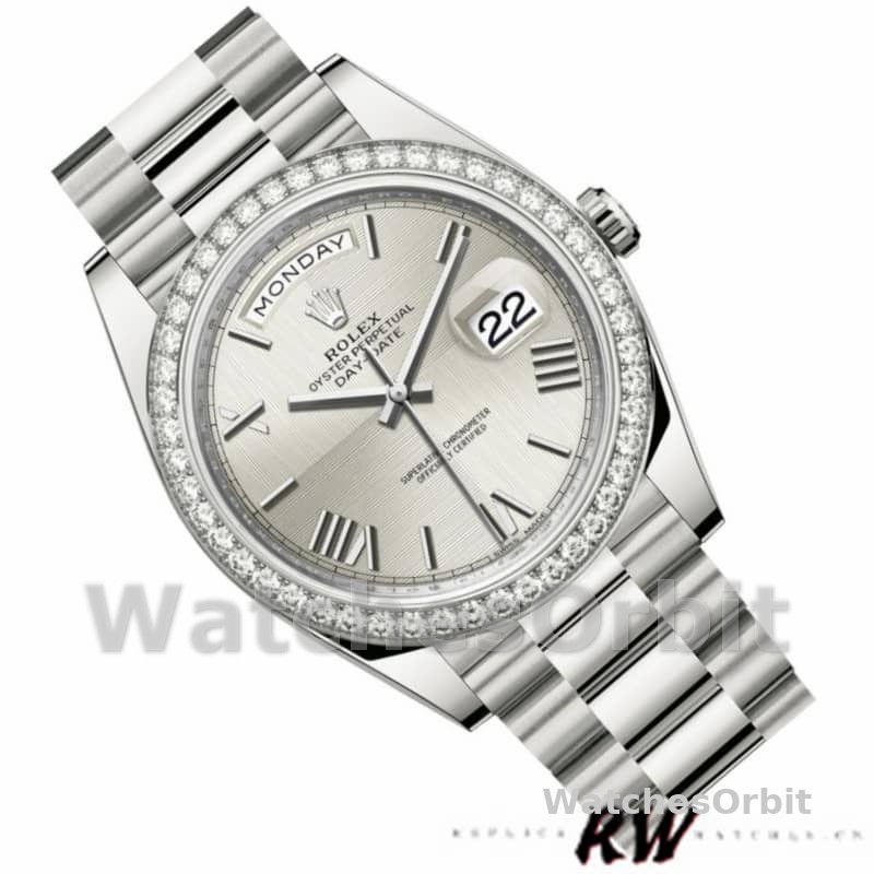 Rolex Day-Date 228349RBR Silver Roman Dial Diamond Bezel 40mm Mens Replica Watch
