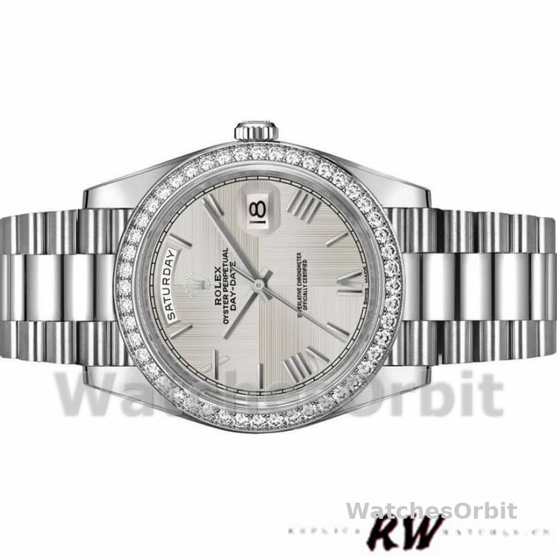 Rolex Day-Date 228349RBR Silver Roman Dial Diamond Bezel 40mm Mens Replica Watch
