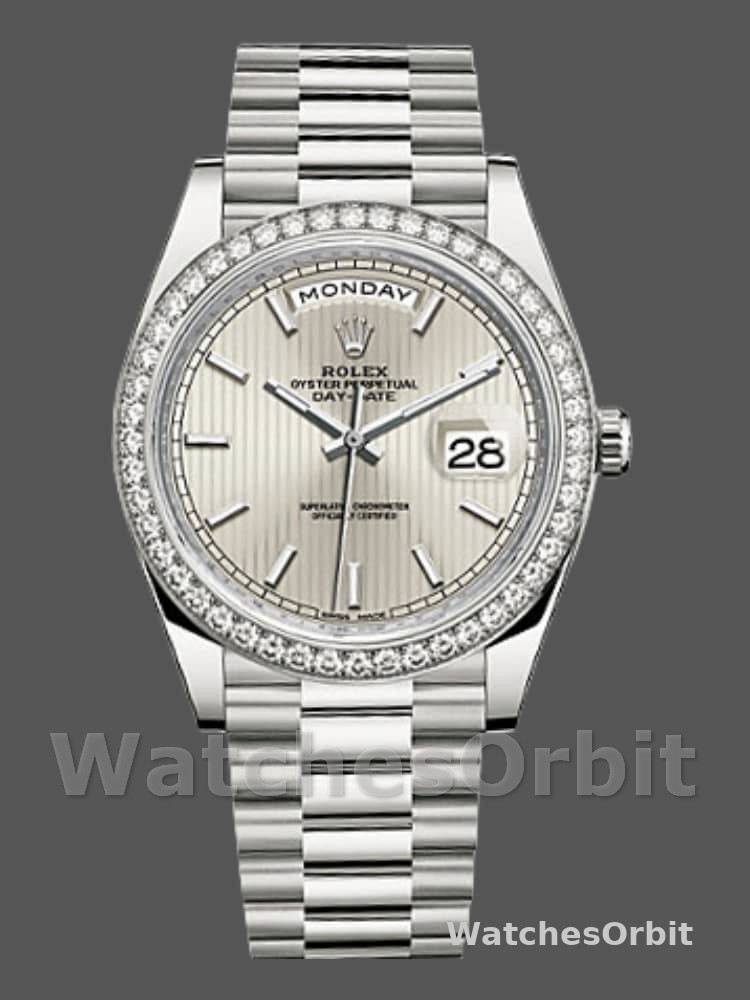Rolex Day-Date 228349RBR Silver Stripe Motif Dial Diamond Bezel 40mm Mens Replica Watch