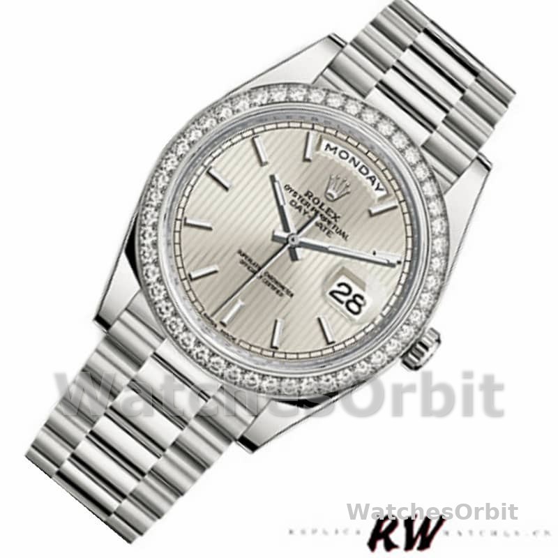 Rolex Day-Date 228349RBR Silver Stripe Motif Dial Diamond Bezel 40mm Mens Replica Watch