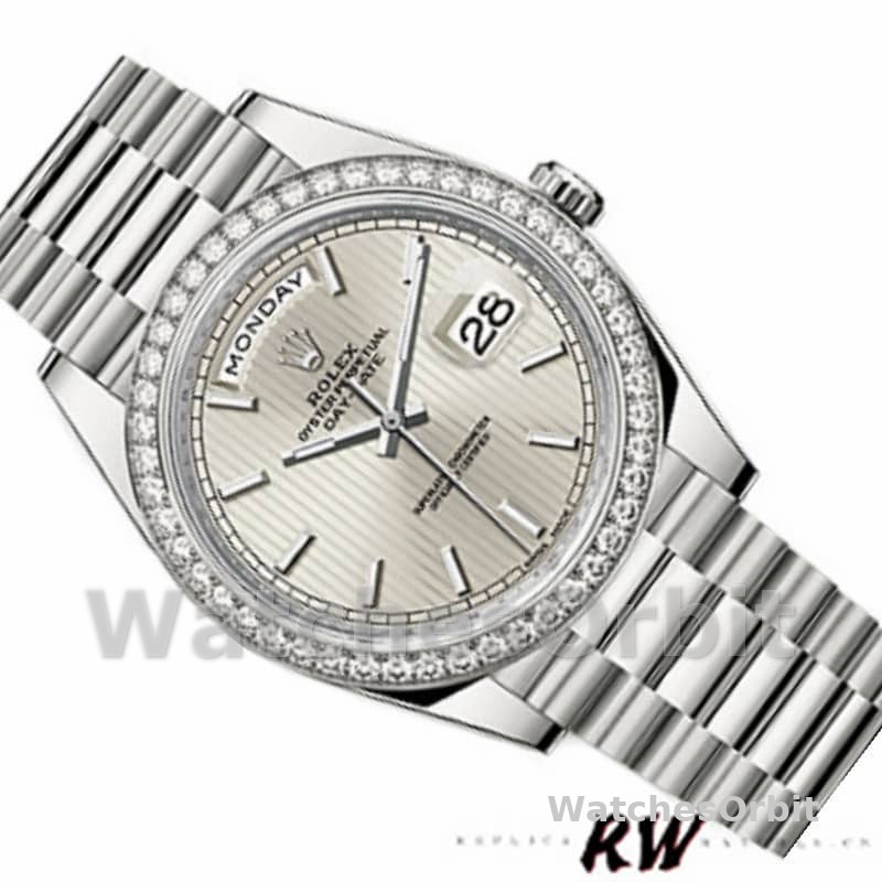 Rolex Day-Date 228349RBR Silver Stripe Motif Dial Diamond Bezel 40mm Mens Replica Watch