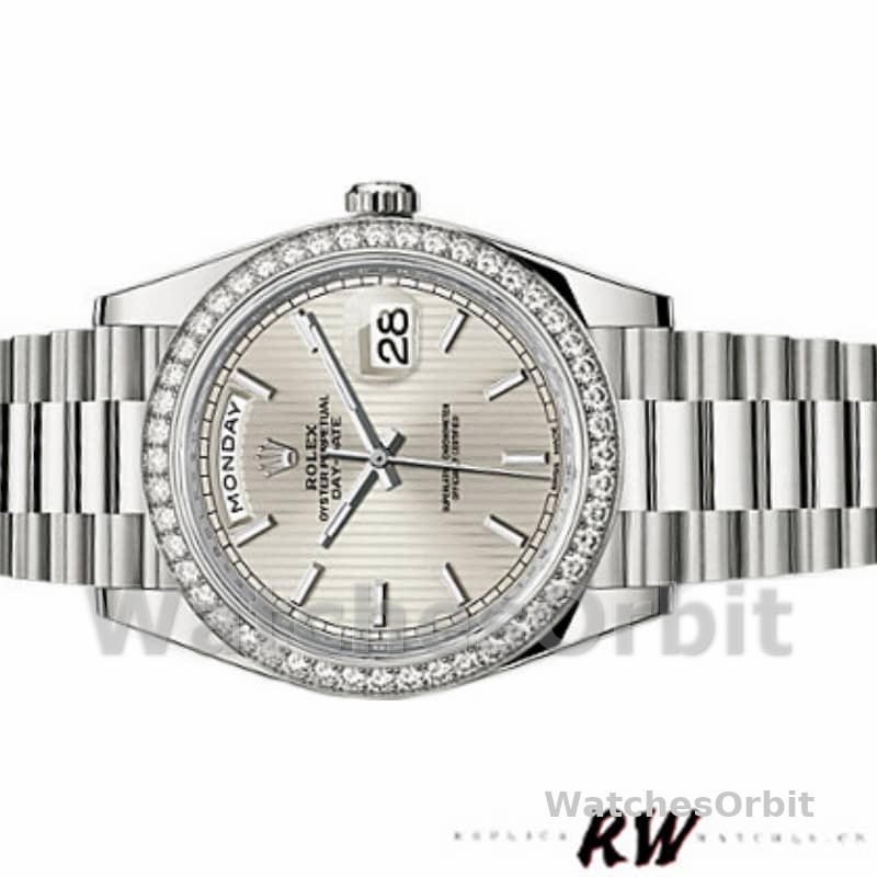Rolex Day-Date 228349RBR Silver Stripe Motif Dial Diamond Bezel 40mm Mens Replica Watch