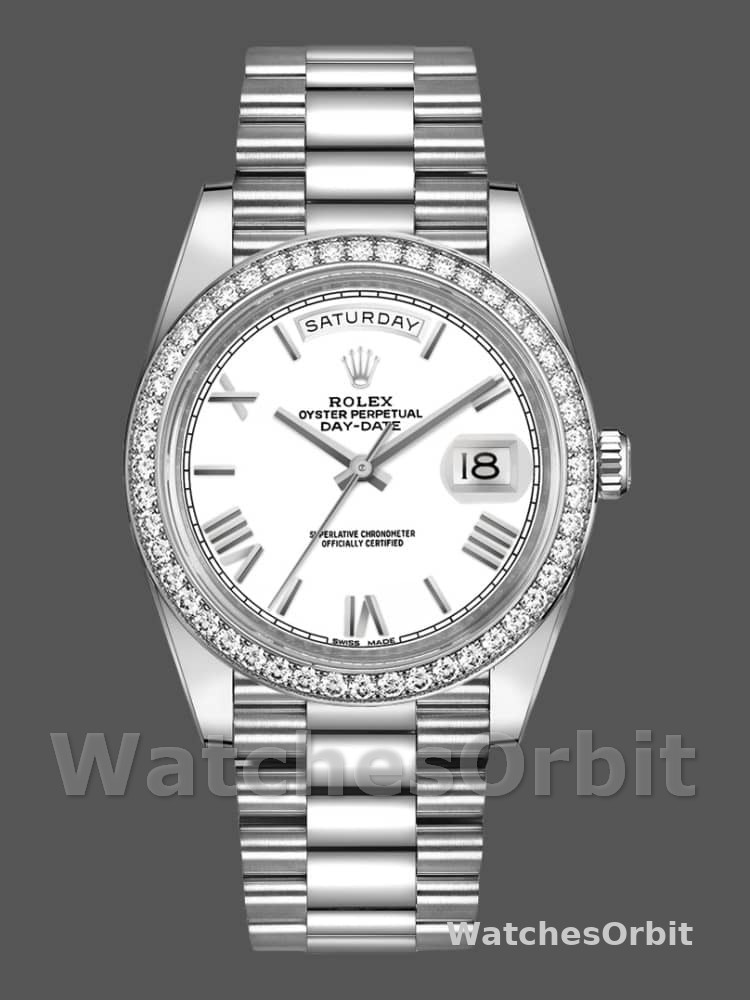Rolex Day-Date 228349RBR White Roman Dial Diamond Bezel 40mm Mens Replica Watch