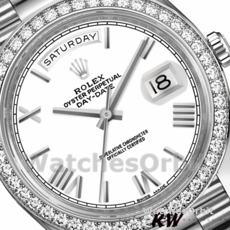 Rolex Day-Date 228349RBR White Roman Dial Diamond Bezel 40mm Mens Replica Watch