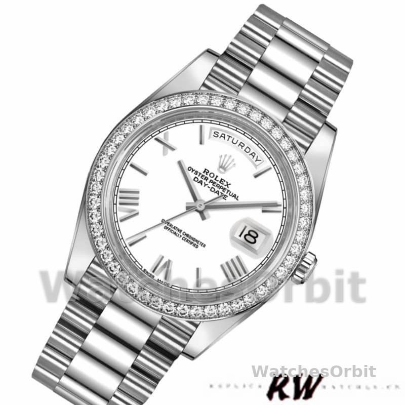 Rolex Day-Date 228349RBR White Roman Dial Diamond Bezel 40mm Mens Replica Watch