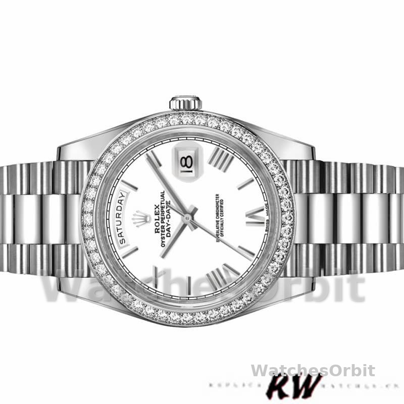 Rolex Day-Date 228349RBR White Roman Dial Diamond Bezel 40mm Mens Replica Watch