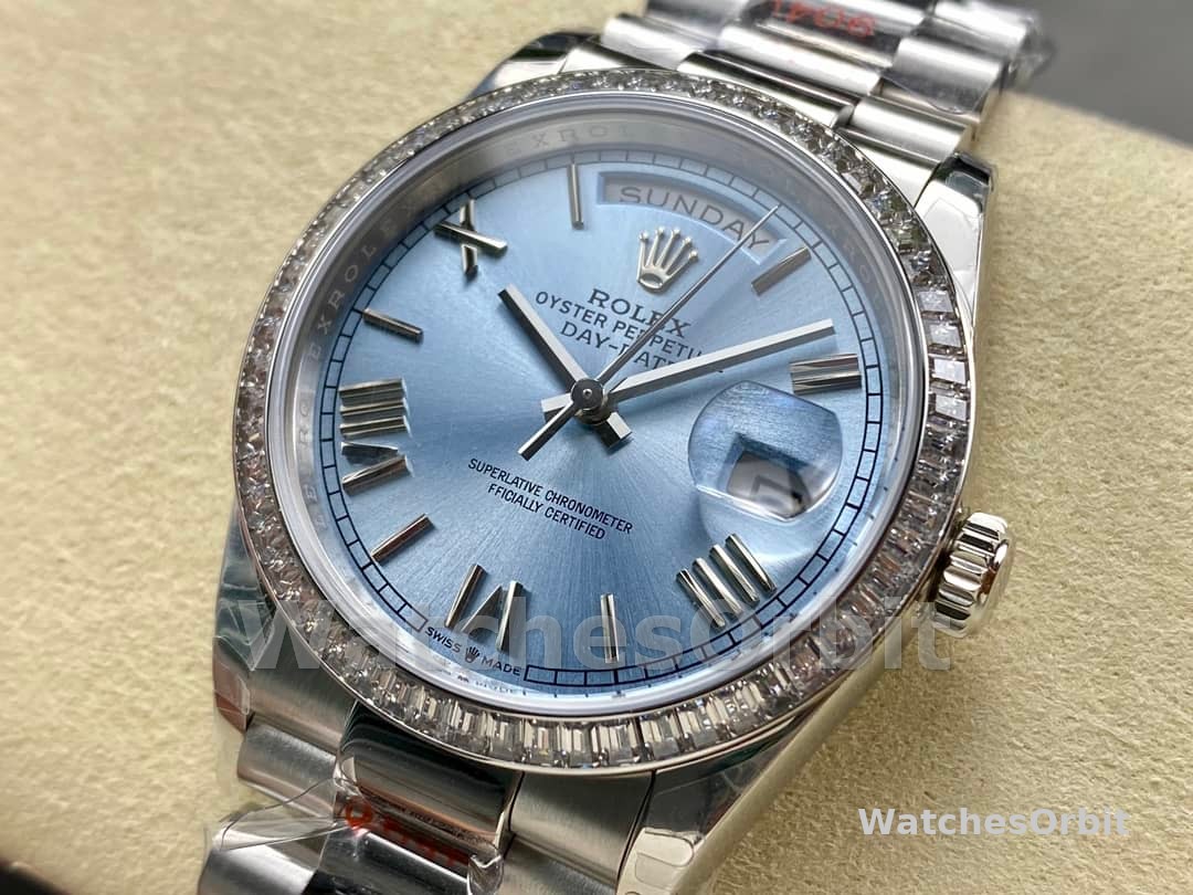 Rolex Day-Date 228396TBR 0030 Ice Blue Dial Platinum Diamond Bezel 40mm Mens Replica Watch