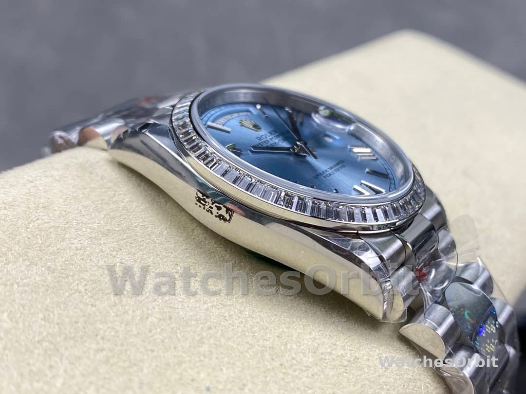 Rolex Day-Date 228396TBR 0030 Ice Blue Dial Platinum Diamond Bezel 40mm Mens Replica Watch