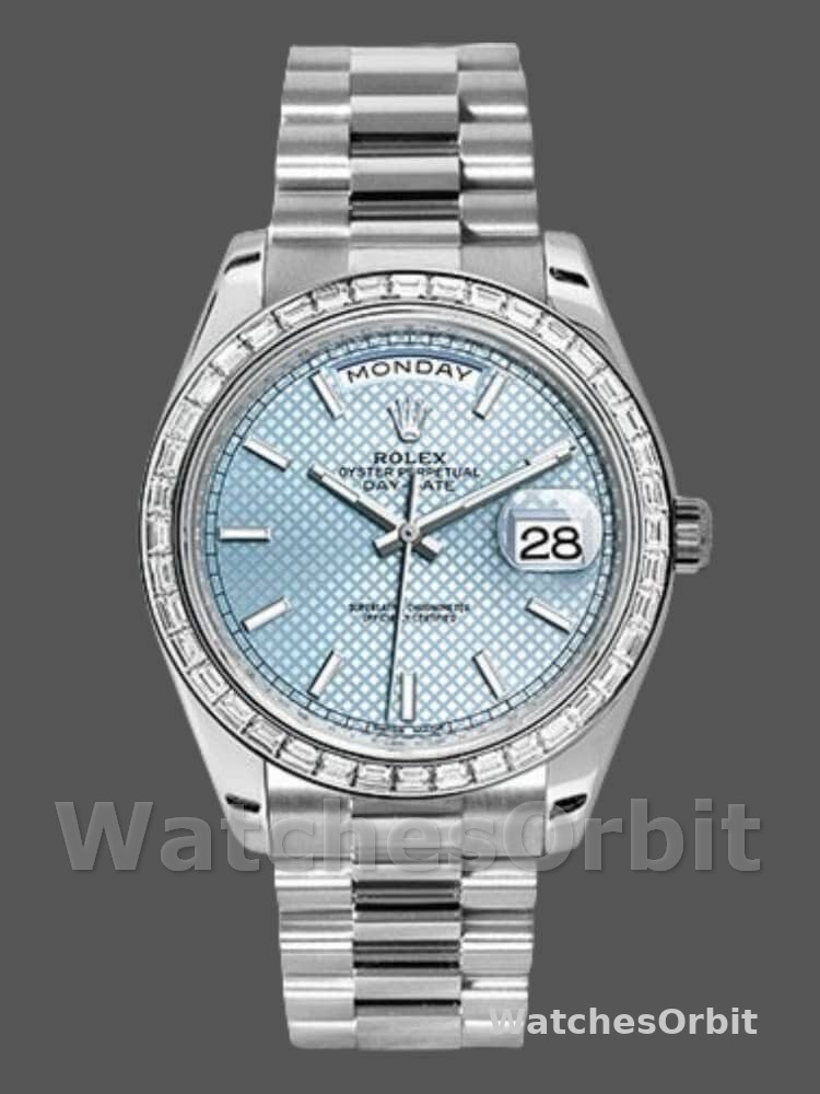 Rolex Day-Date 228396TBR Ice Blue Diagonal Motif Dial Diamond Bezel 40mm Mens Replica Watch