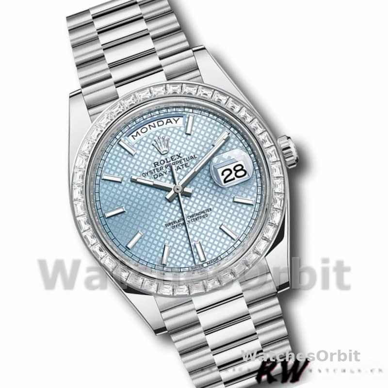 Rolex Day-Date 228396TBR Ice Blue Diagonal Motif Dial Diamond Bezel 40mm Mens Replica Watch