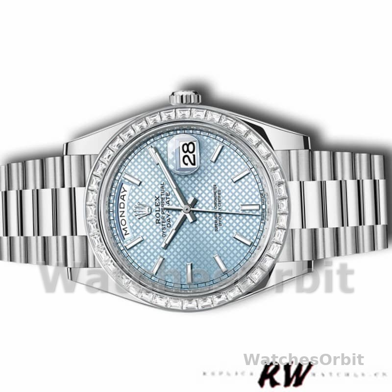 Rolex Day-Date 228396TBR Ice Blue Diagonal Motif Dial Diamond Bezel 40mm Mens Replica Watch
