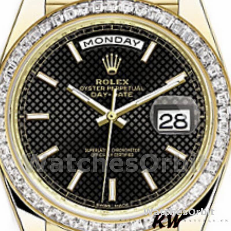 Rolex Day-Date 228398TBR Black Diagonal Motif Dial Diamond Bezel 40mm Mens Replica Watch