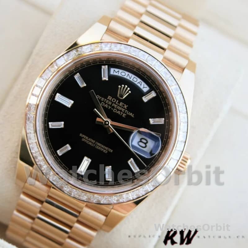 Rolex Day-Date 228398TBR Black Diamond Dial Diamond Bezel 40mm Mens Replica Watch