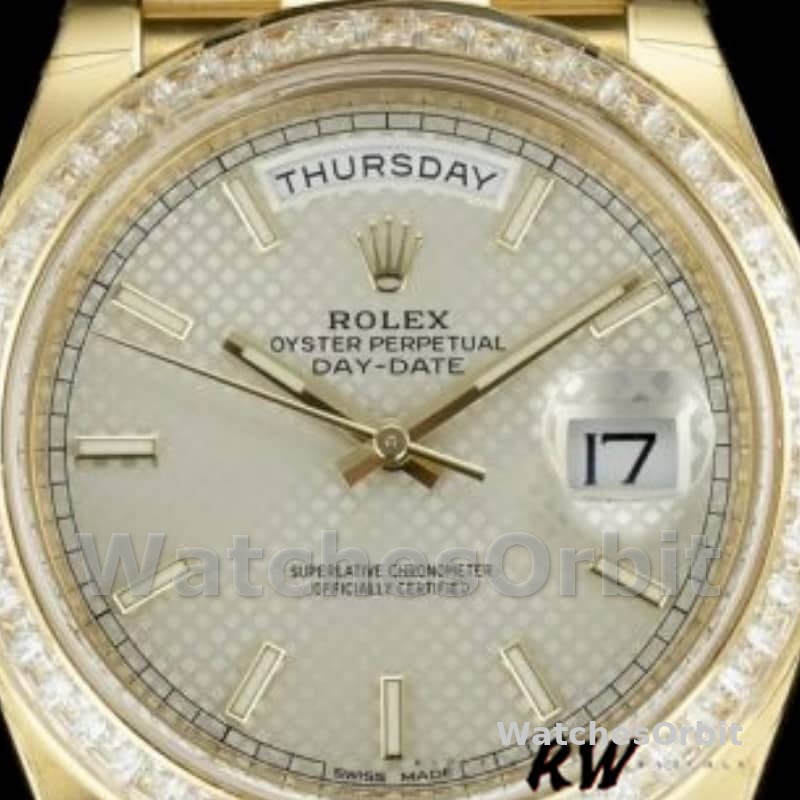Rolex Day-Date 228398TBR Silver Diagonal Motif Dial Diamond Bezel 40mm Mens Replica Watch