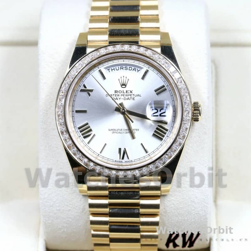 Rolex Day-Date 228398TBR Silver Roman Numeral Dial Diamond Bezel 40mm Mens Replica Watch