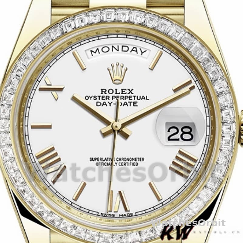 Rolex Day-Date 228398TBR White Roman Numeral Dial Diamond Bezel 40mm Mens Replica Watch