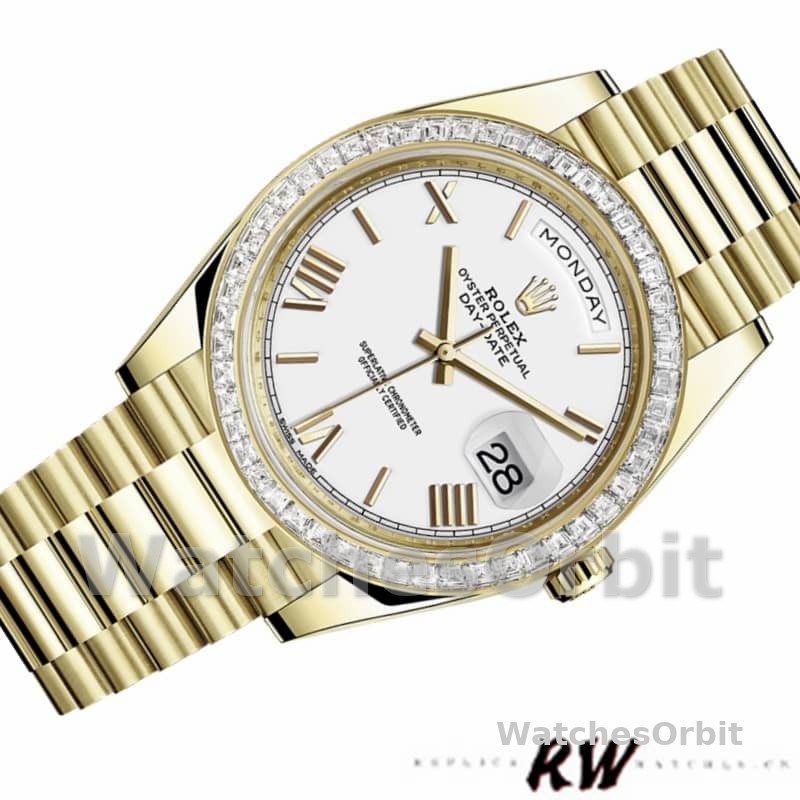 Rolex Day-Date 228398TBR White Roman Numeral Dial Diamond Bezel 40mm Mens Replica Watch