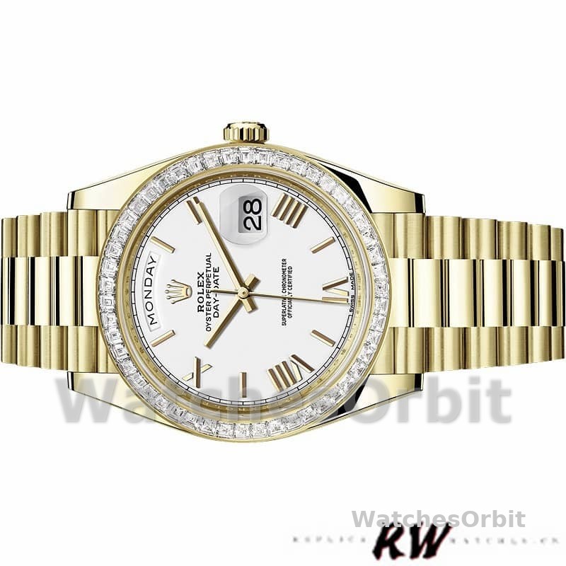 Rolex Day-Date 228398TBR White Roman Numeral Dial Diamond Bezel 40mm Mens Replica Watch