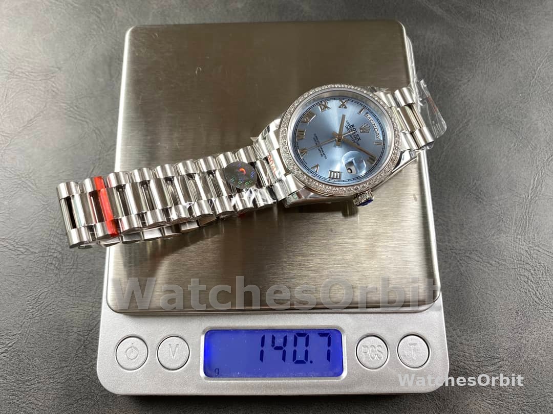 Rolex Day Date 36 Diamond Bezel Ice Blue Roman Dial m128396tbr 0019