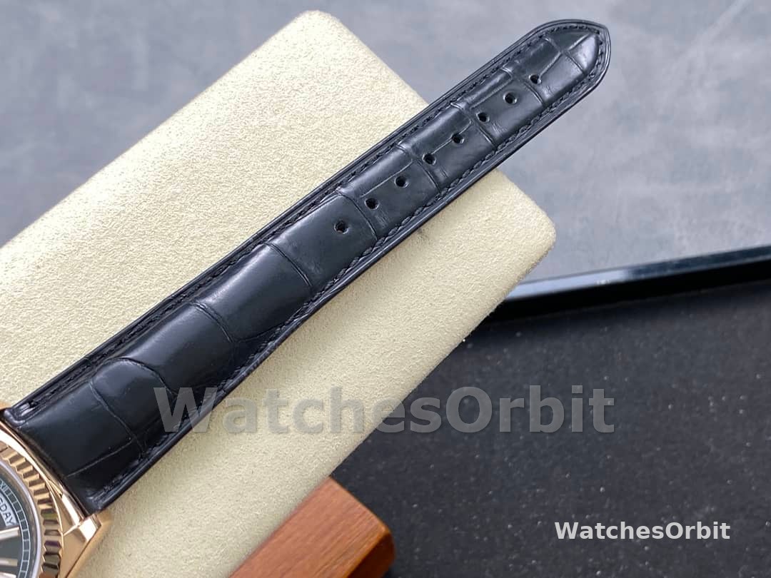 Rolex Day Date 36 Everose Gold Black Dial 118135 0063 Leather Watch