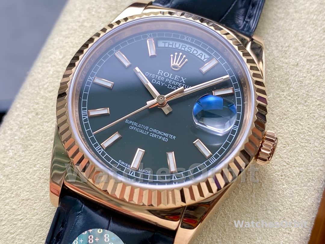 Rolex Day Date 36 Everose Gold Black Dial 118135 0063 Leather Watch