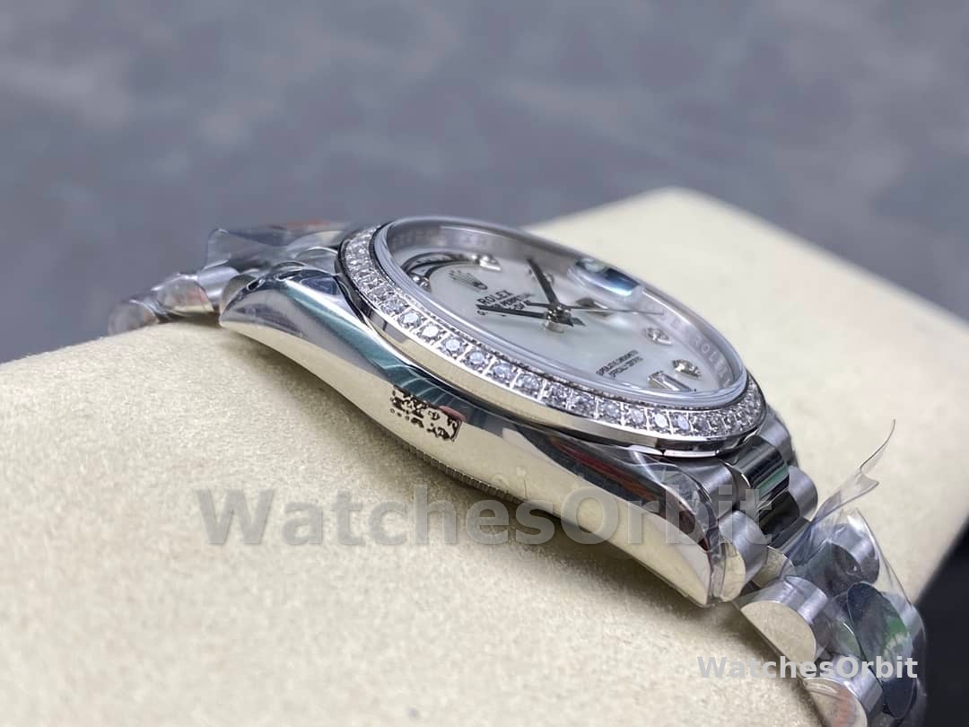 Rolex Day Date 36 Mother of Pearl Dial Diamond Bezel Platinum President m128396tbr 0005