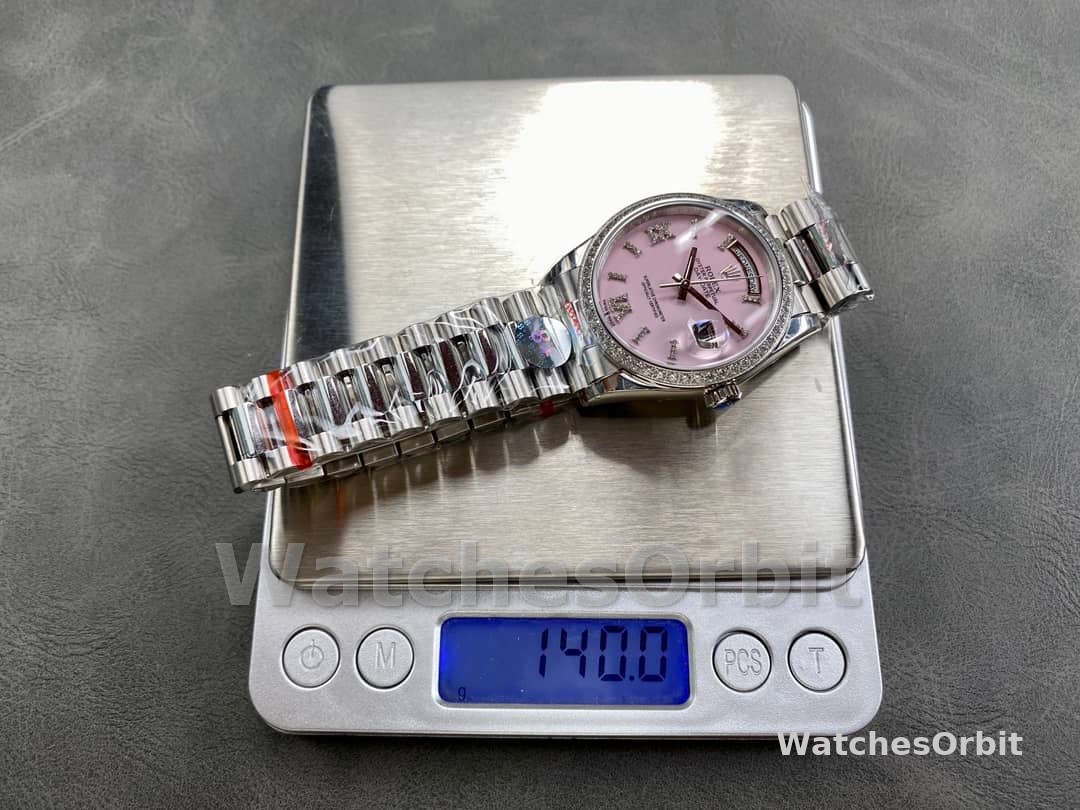 Rolex Day Date 36 Platinum Pink Opal Diamond-Set Roman Dial Diamond Bezel m128396tbr 0009