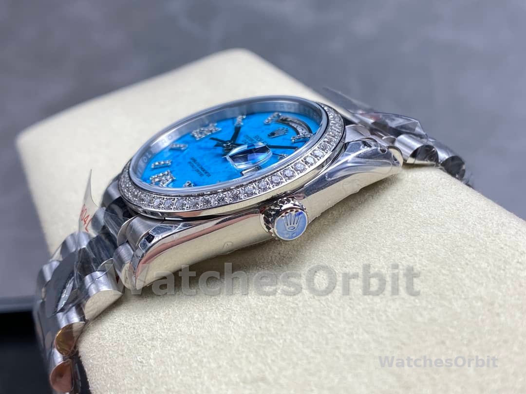 Rolex Day Date 36 Platinum Turquoise Diamond-Set Roman Dial Diamond Bezel m128396tbr 0016