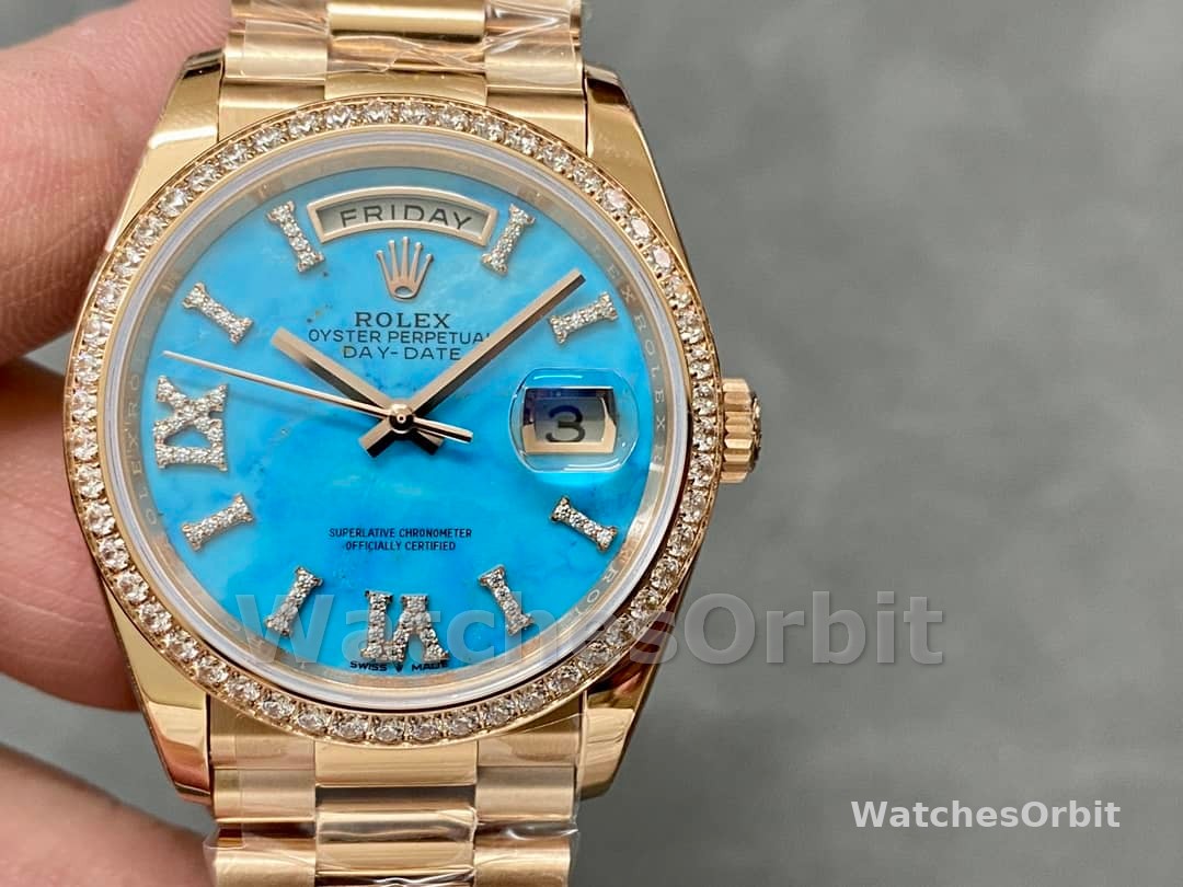 Rolex Day-Date 36 Rose Gold Turquoise Diamond-Set Roman Dial Diamond Bezel m128345rbr 0064