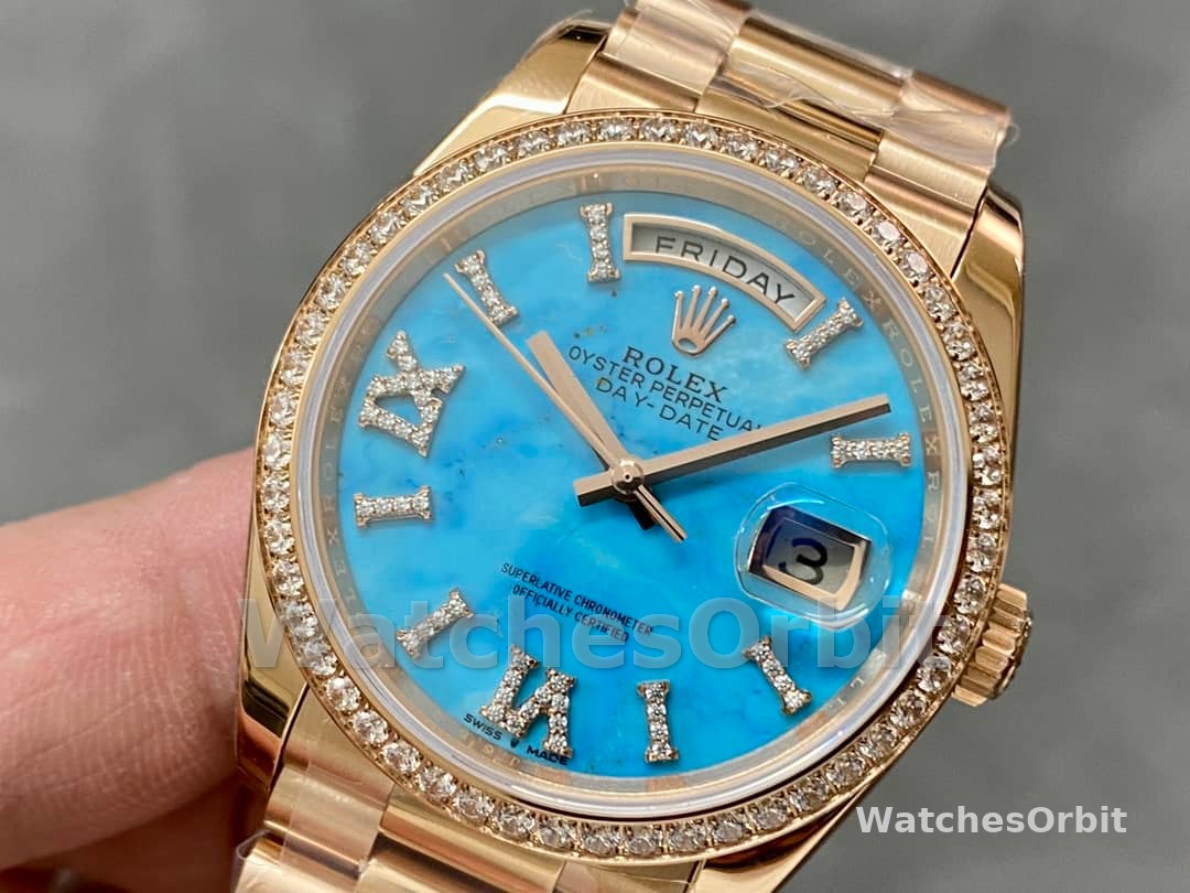 Rolex Day-Date 36 Rose Gold Turquoise Diamond-Set Roman Dial Diamond Bezel m128345rbr 0064