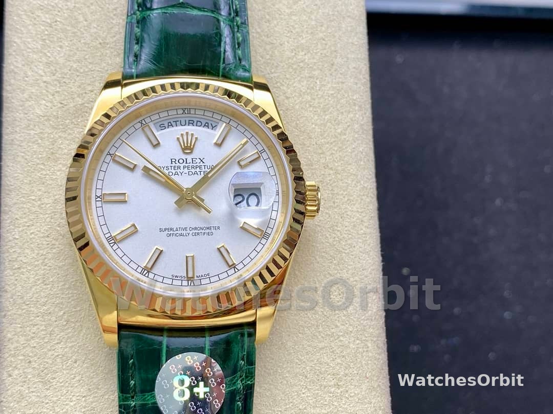 Rolex Day Date 36 White Dial 118135 0123 Green Leather Watch